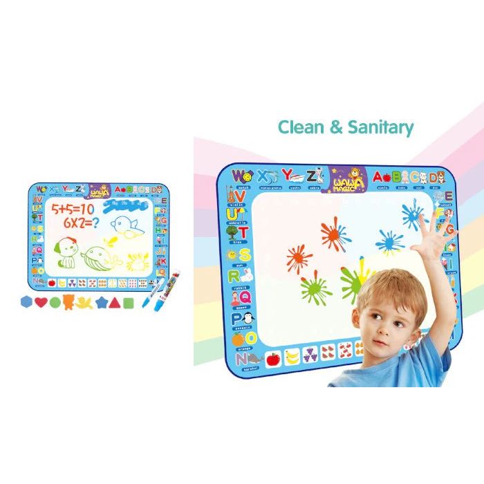Magic Water Doodle Mat mess-free kids drawing pad, large aqua mat with colorful drawings, child-friendly art toy.