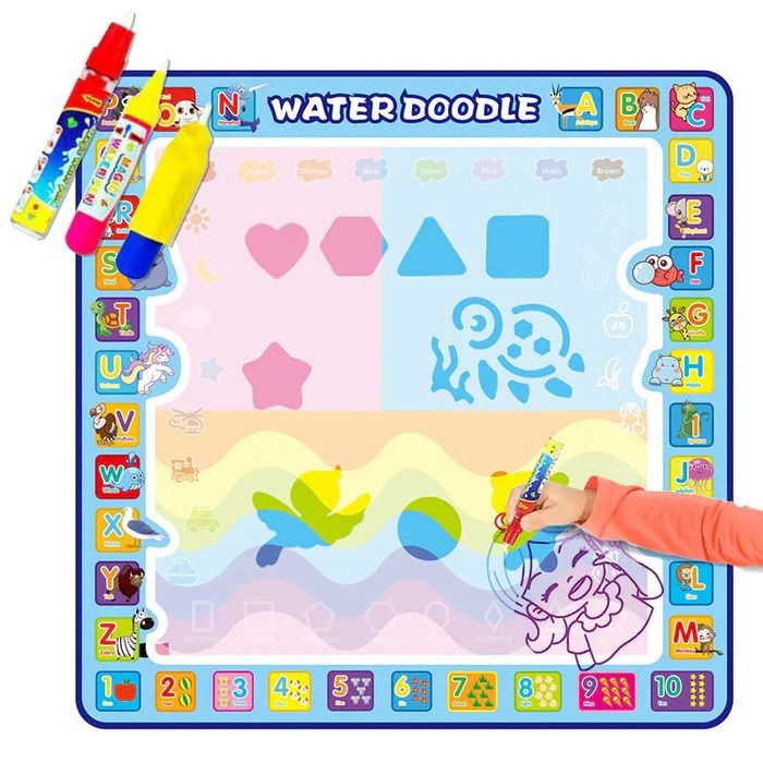Kids drawing pad in use, showing colorful doodles on a mess-free water mat. Magic Water Doodle Mat, image 9 of 12.