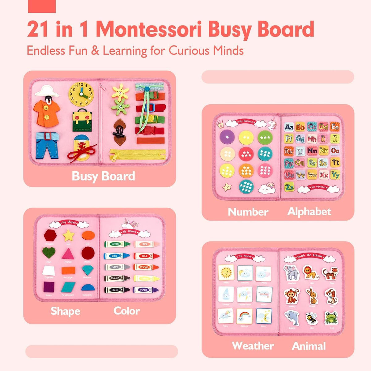 Montessori Busy Book, colorful activity page with shapes and numbers, kids learning toy.