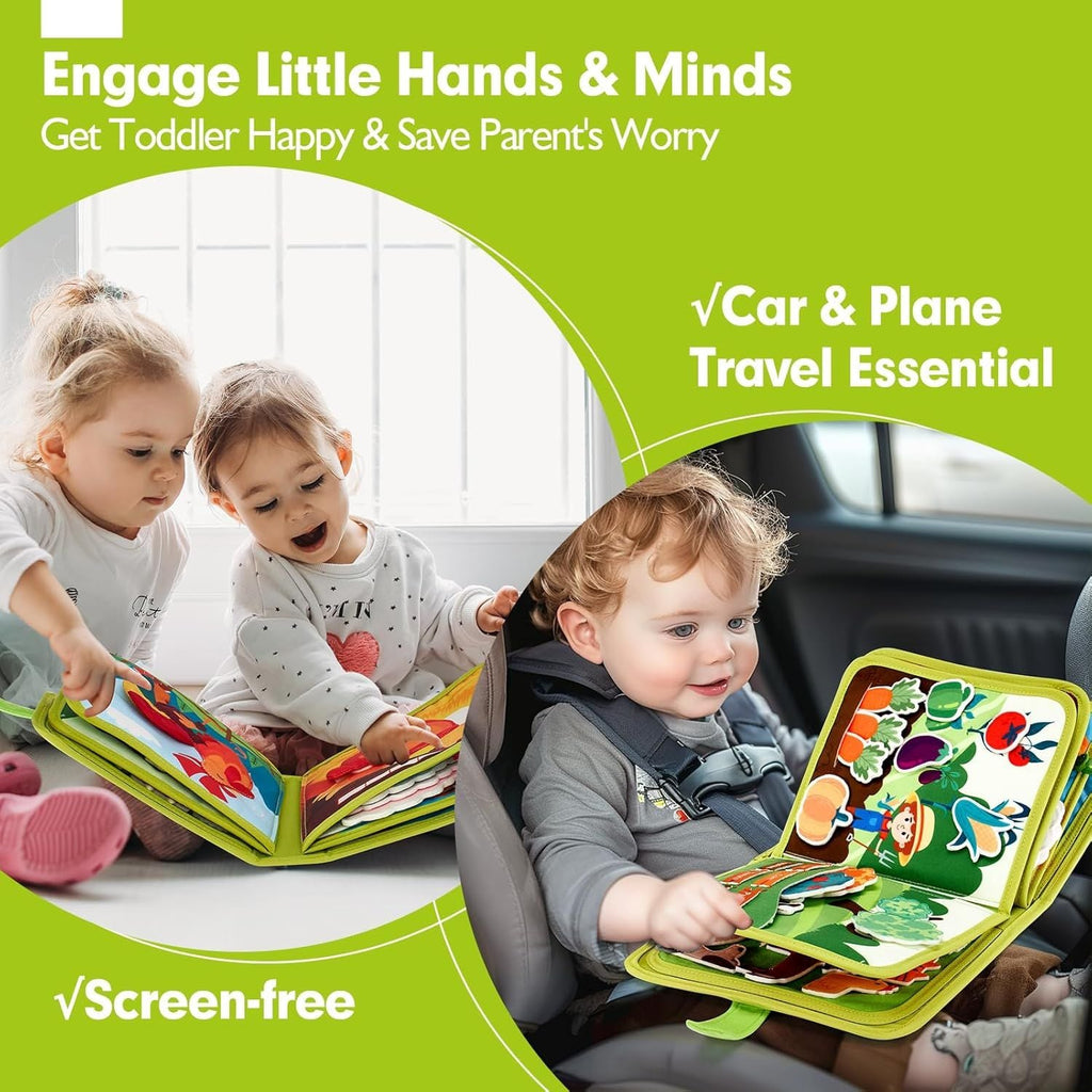 Educational multi-sided Montessori busy book for toddlers, showing a child interacting with a colorful page.