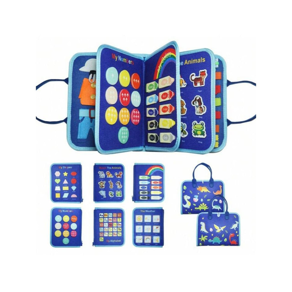 Kids playing with Hahaland Montessori Busy Book, showing interactive pages, educational activities for toddlers.
