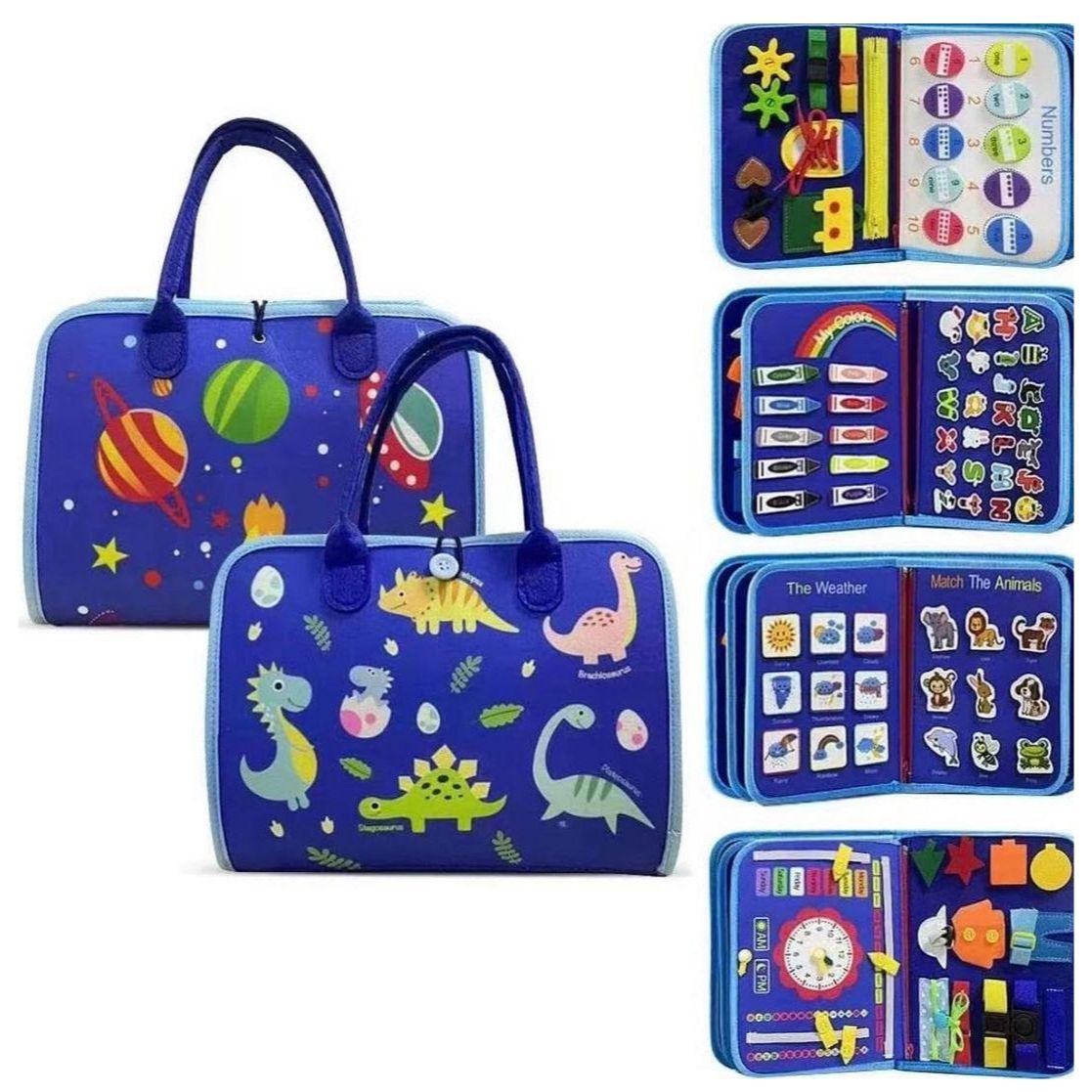Hahaland Montessori Busy Book: Kids playing, learning fine motor skills, educational multi-sided fun.