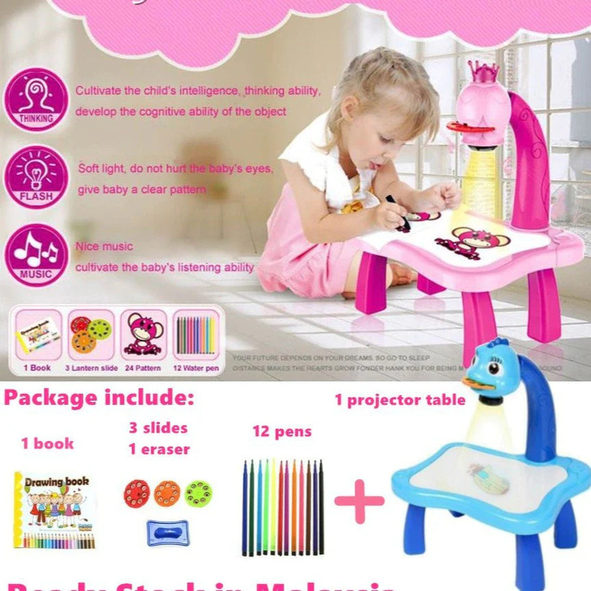 Kids drawing projector table with light and music, trace and draw activity for children, image 7 of 11.