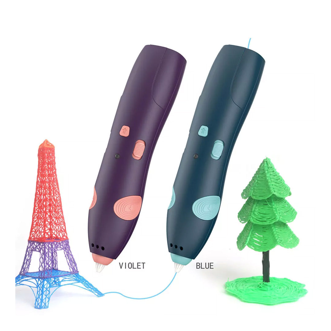 3D printing pen for kids, creative art and craft toy, red pen, white filament, child's hands creating a 3D design.